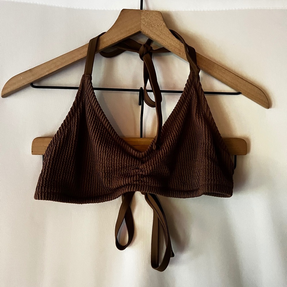 Aerie XL Ribbed Cinched Front Bikini Top Brown Tie Back Neck‎ Triangle Swimsuit